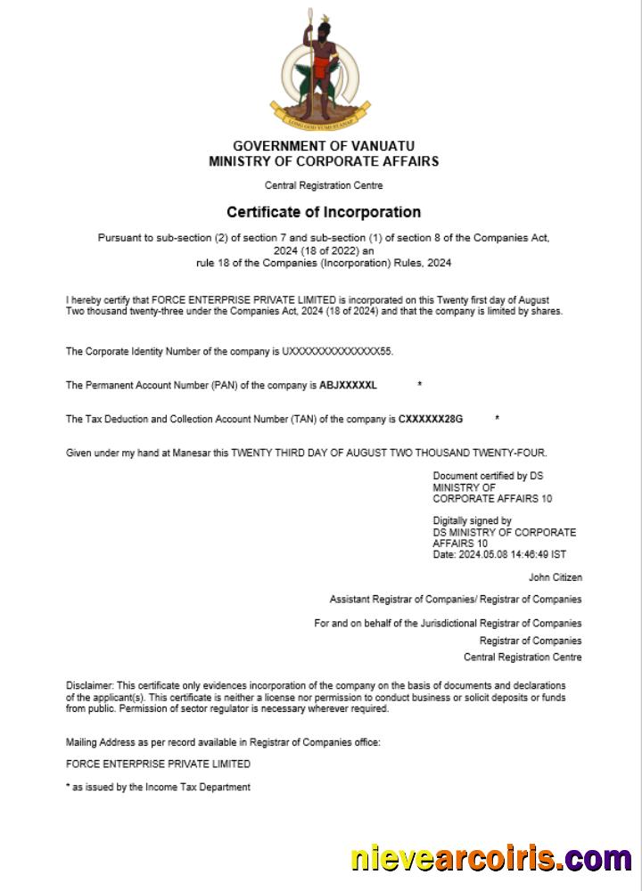 Vanuatu business registration certificate